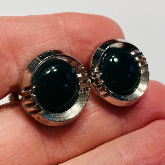 Vintage Mid Century Cufflinks silvertone & dark green stone classic rounds - Picture 6 of 6
